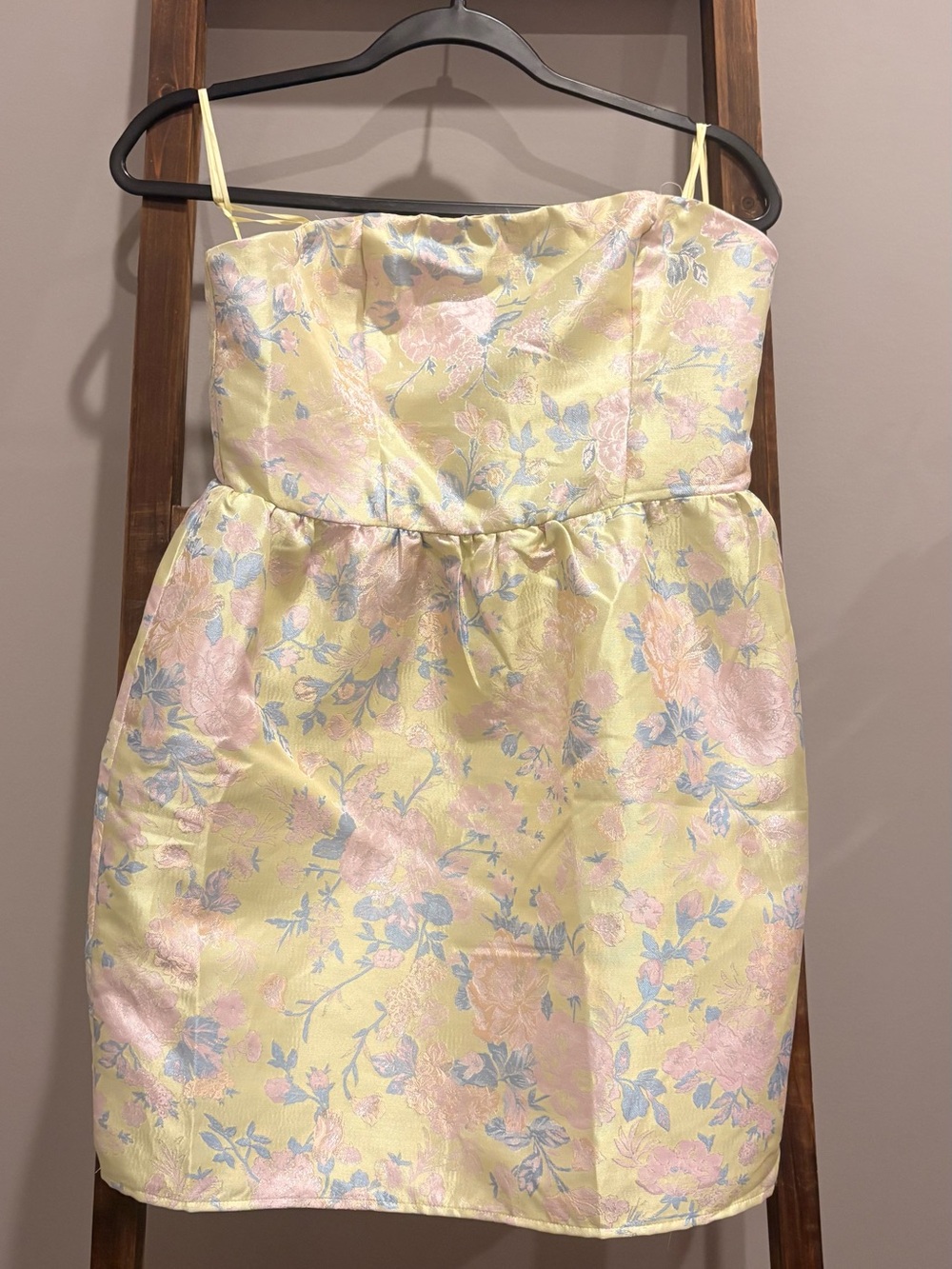 Strapless Floral Jacquard Mini Dress in Pastel Yellow